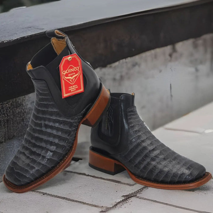 Botin de Cocodrilo Grabado Nuca Gris Punta Cuadrada