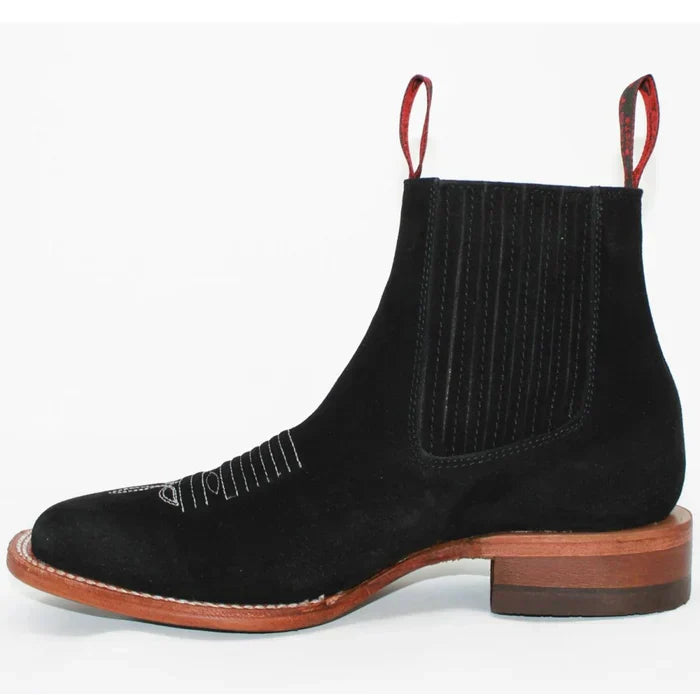 Botines Charros Gamuza Punta Cuadrada Negro Joven