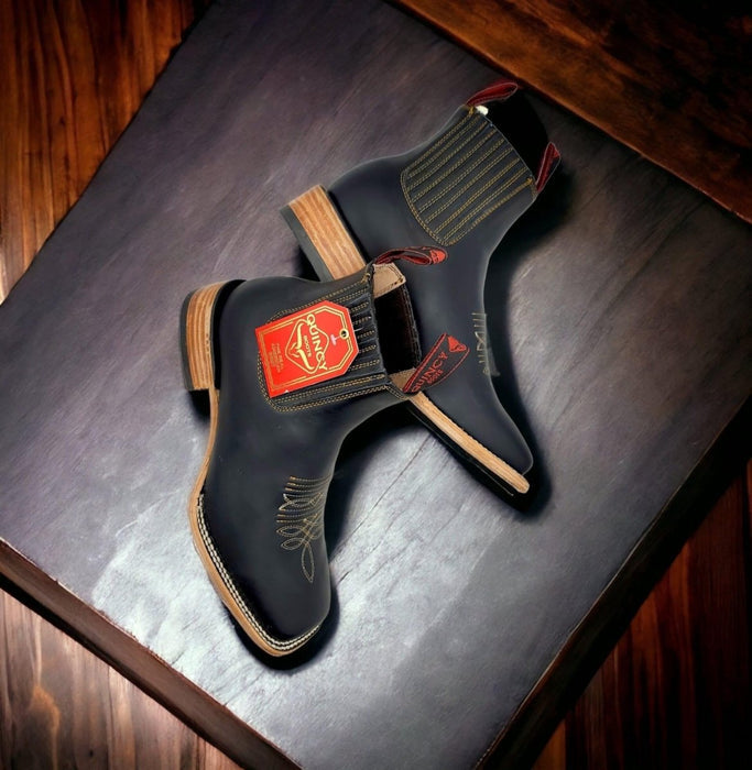 Botines Charros Quincy de Cuero con Punta Cuadrada Negro