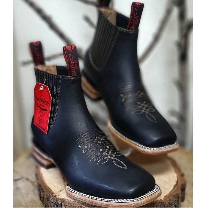 Botines Charros Quincy de Cuero con Punta Cuadrada Negro