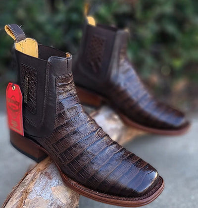 Botines de Cocodrilo Grabado Nuca Punta Cuadrada Chocolate