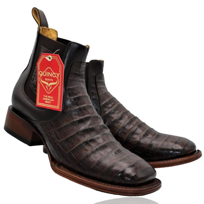 Botines Cocodrilo Grabado Punta Cuadrada Chocolate