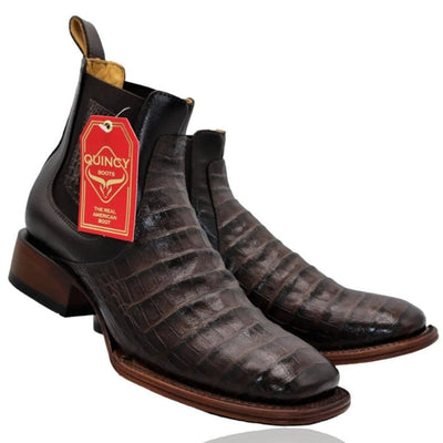 Botines de Cocodrilo Grabado Nuca Punta Cuadrada Chocolate