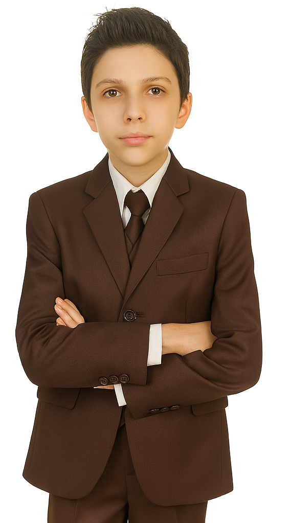 Boy's Brown 2 button closure Five Piece Suit With Vest,Shirt And Tie