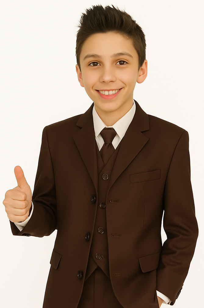 Boy's Brown 2 button closure Five Piece Suit With Vest,Shirt And Tie