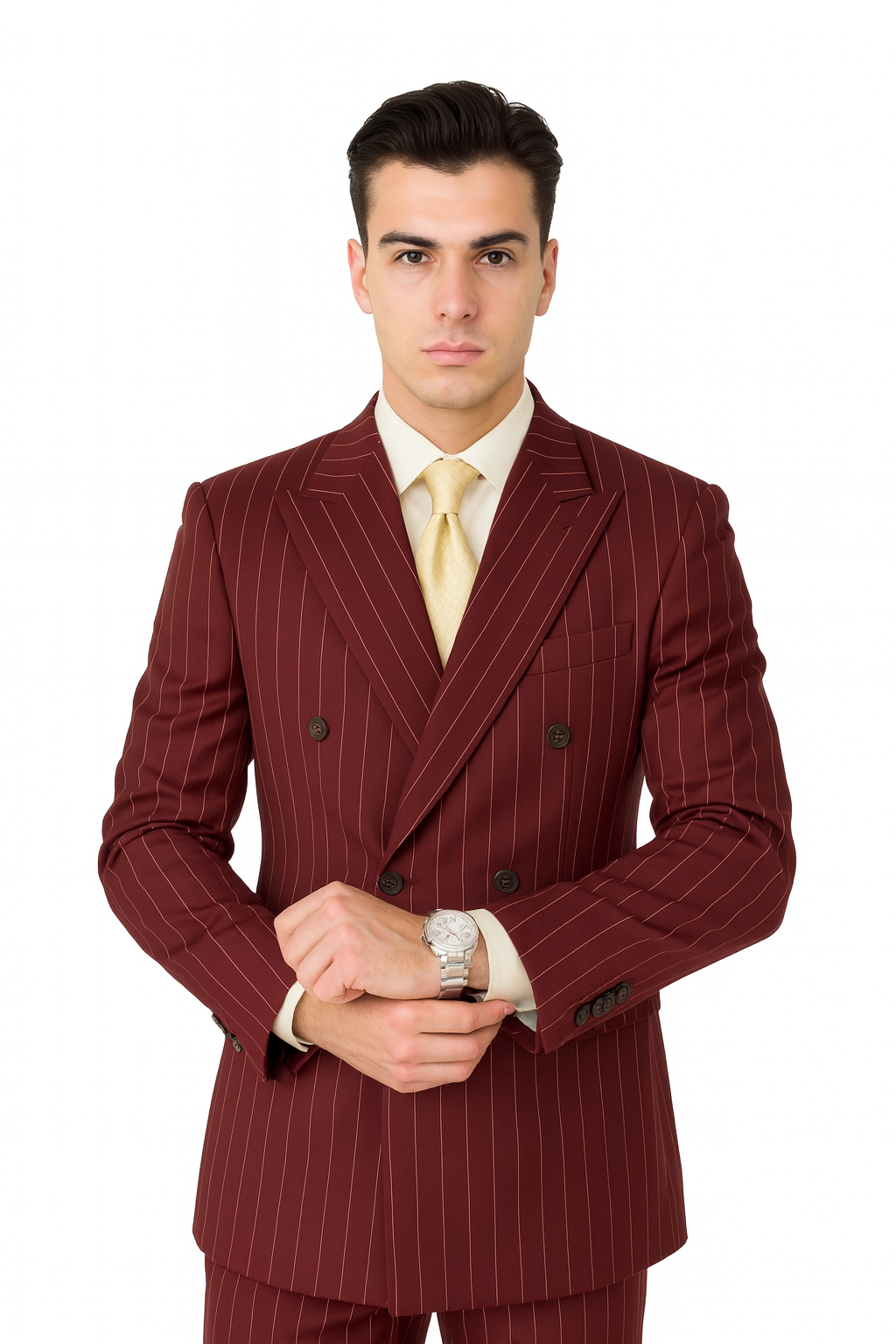 Brand New Wine Pinstripe Double Breasted Suits Super 120s Acrylic/Rayon Developed