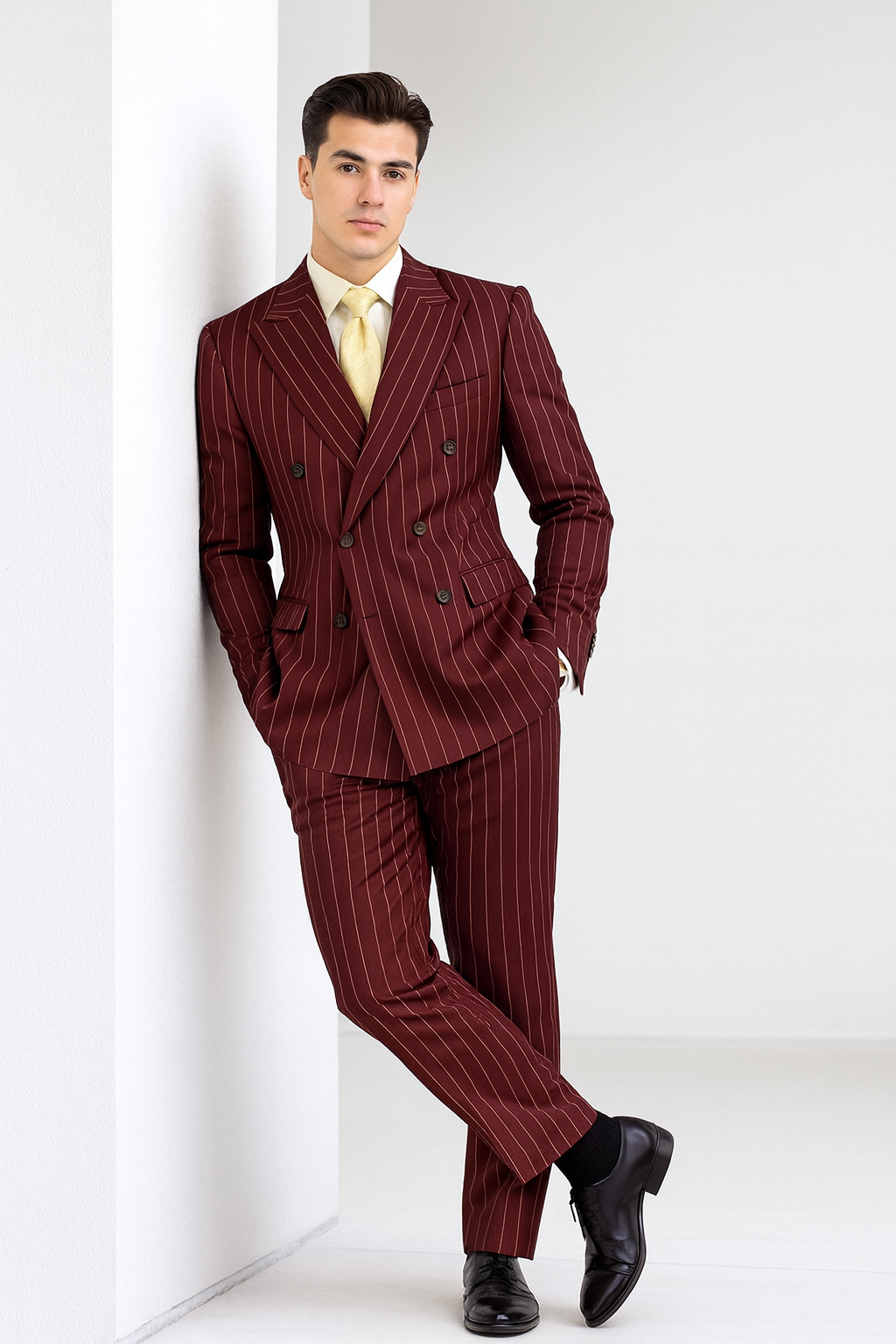 Brand New Wine Pinstripe Double Breasted Suits Super 120s Acrylic/Rayon Developed