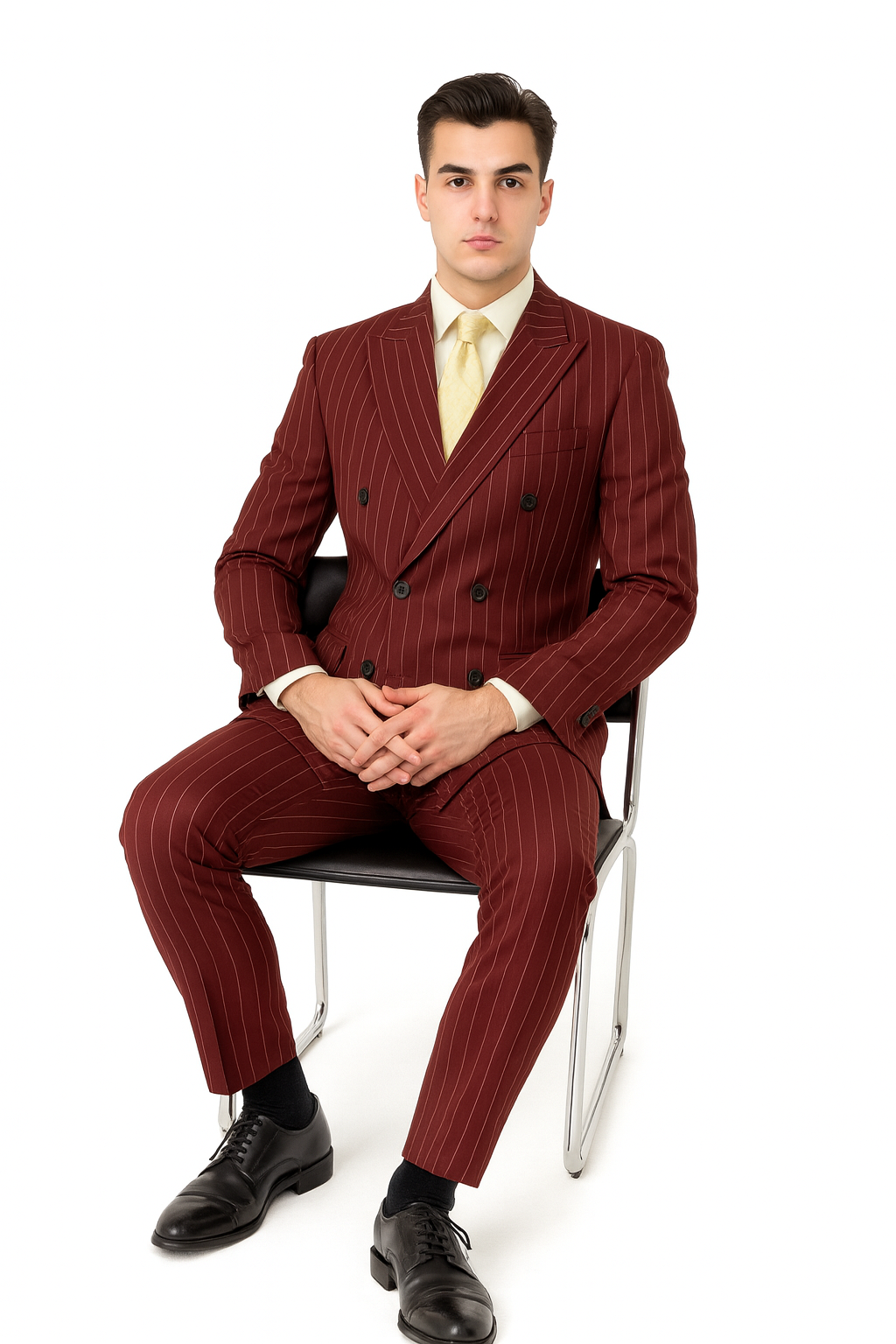 Brand New Wine Pinstripe Double Breasted Suits Super 120s Acrylic/Rayon Developed