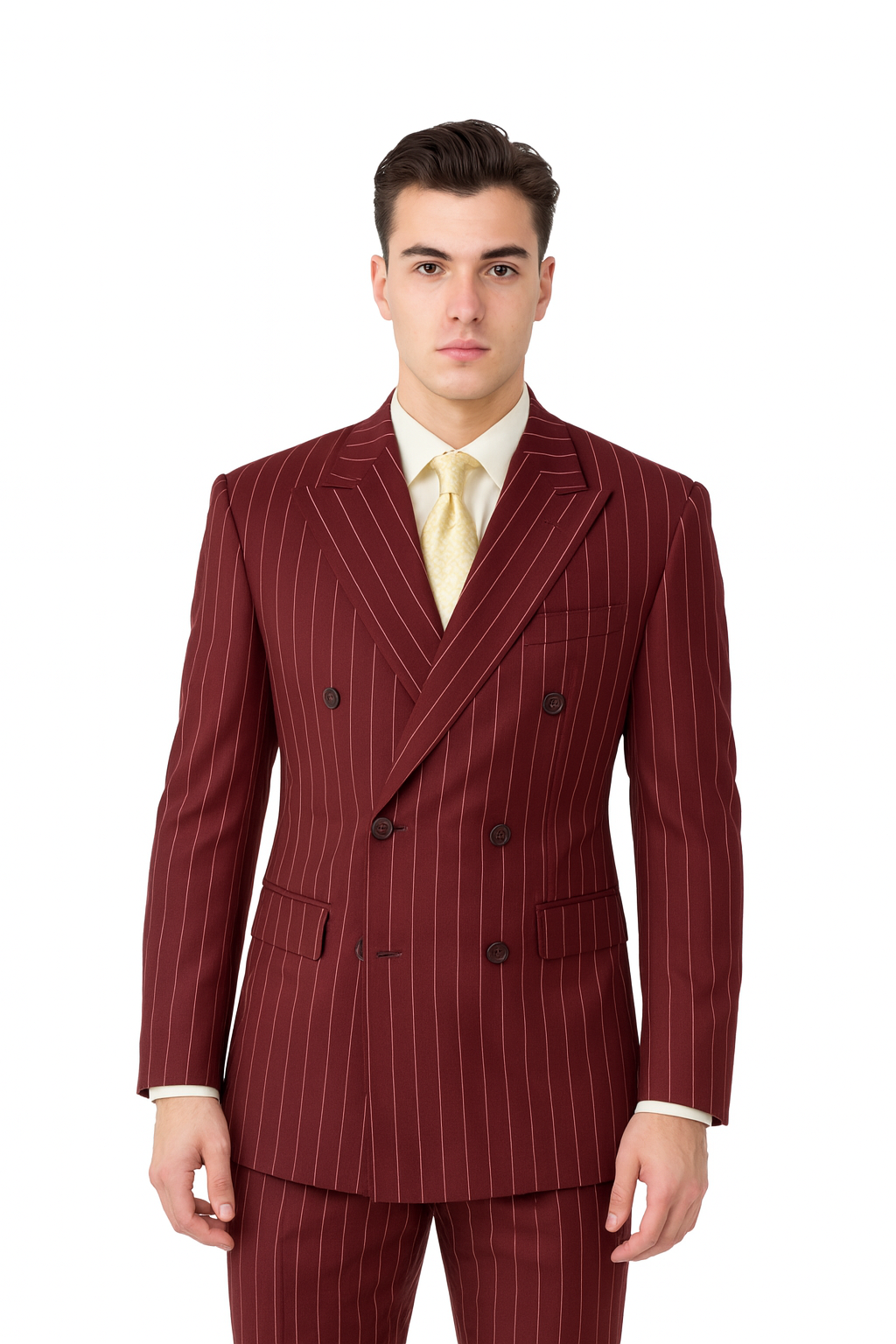 Brand New Wine Pinstripe Double Breasted Suits Super 120s Acrylic/Rayon Developed