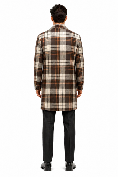 Brown Plaid Wool Topcoat with Camel Accents