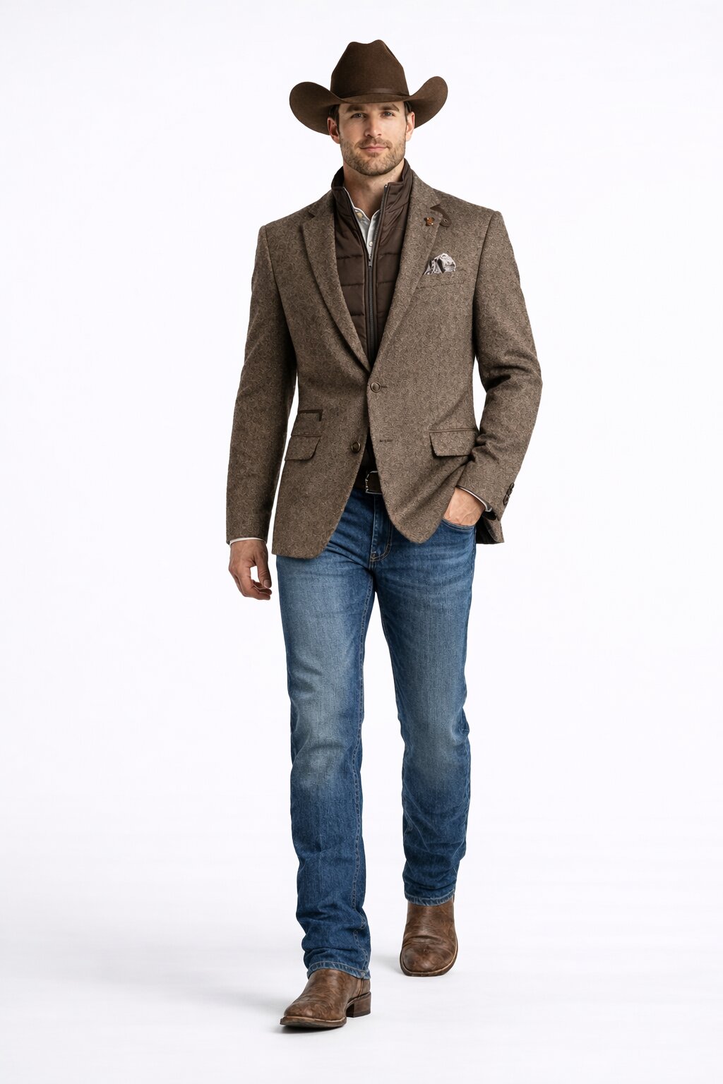 Men’s Brown Herringbone Tweed Cowboy Western Blazer – Classic Country Sport Coat Jacket for Ranch Wear, Cowboy Jacket