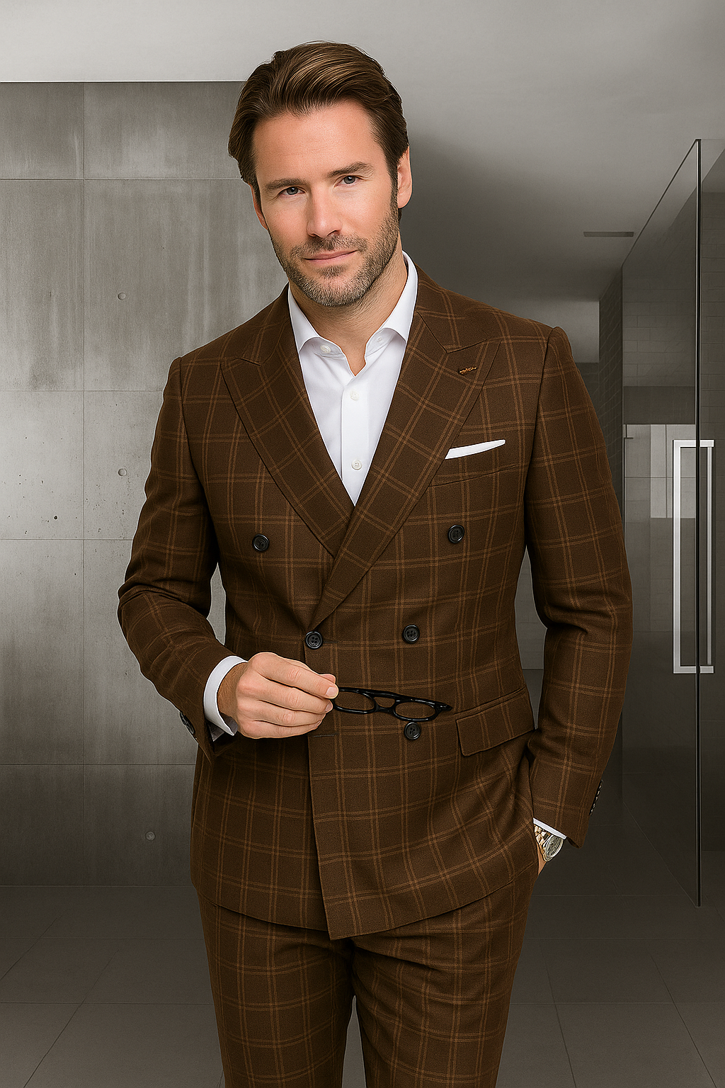 Italian Double Breasted Windowpane Wool Suit