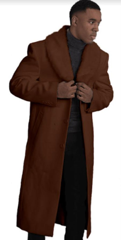 Men's Dark Brown Overcoat with Fur Collar