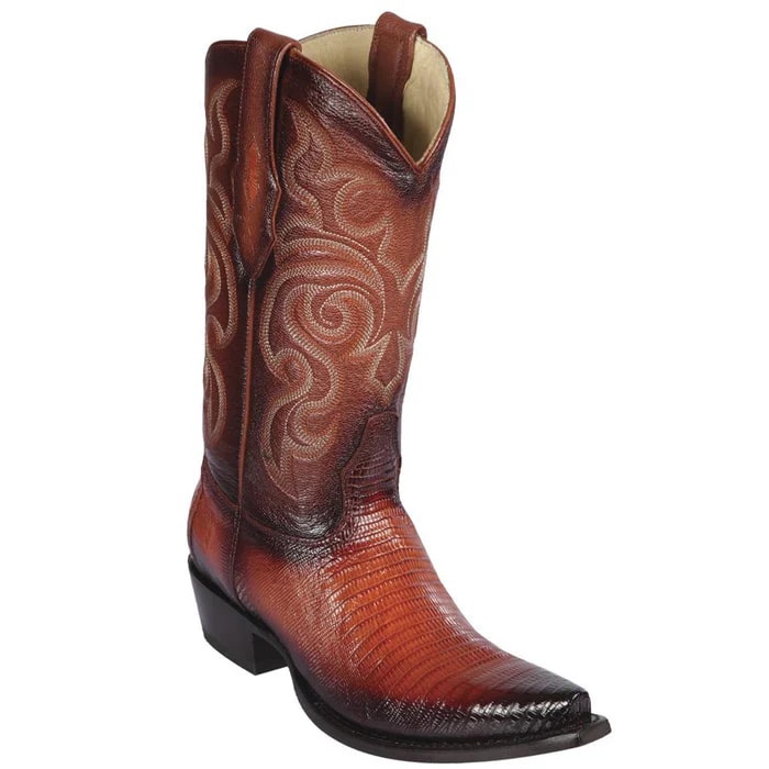 Burnish Cognac Teju Lizard Snip Toe Cowboy Boots