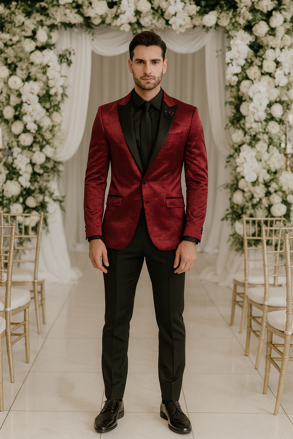 Burgundy Shiny Slim Fit Tuxedo Jacket with Peak Lapel β Wedding & Prom