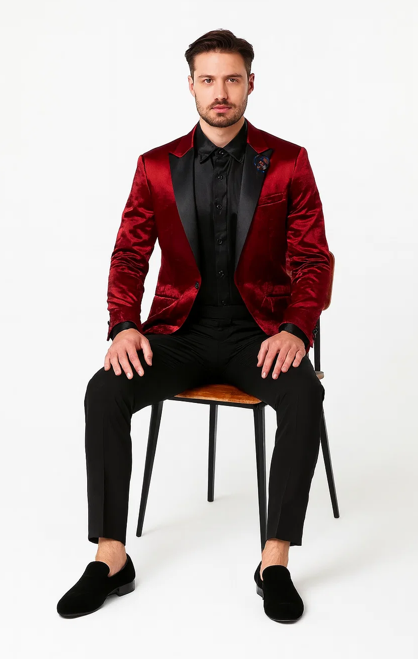Burgundy Shiny Slim Fit Tuxedo Jacket with Peak Lapel – Wedding & Prom