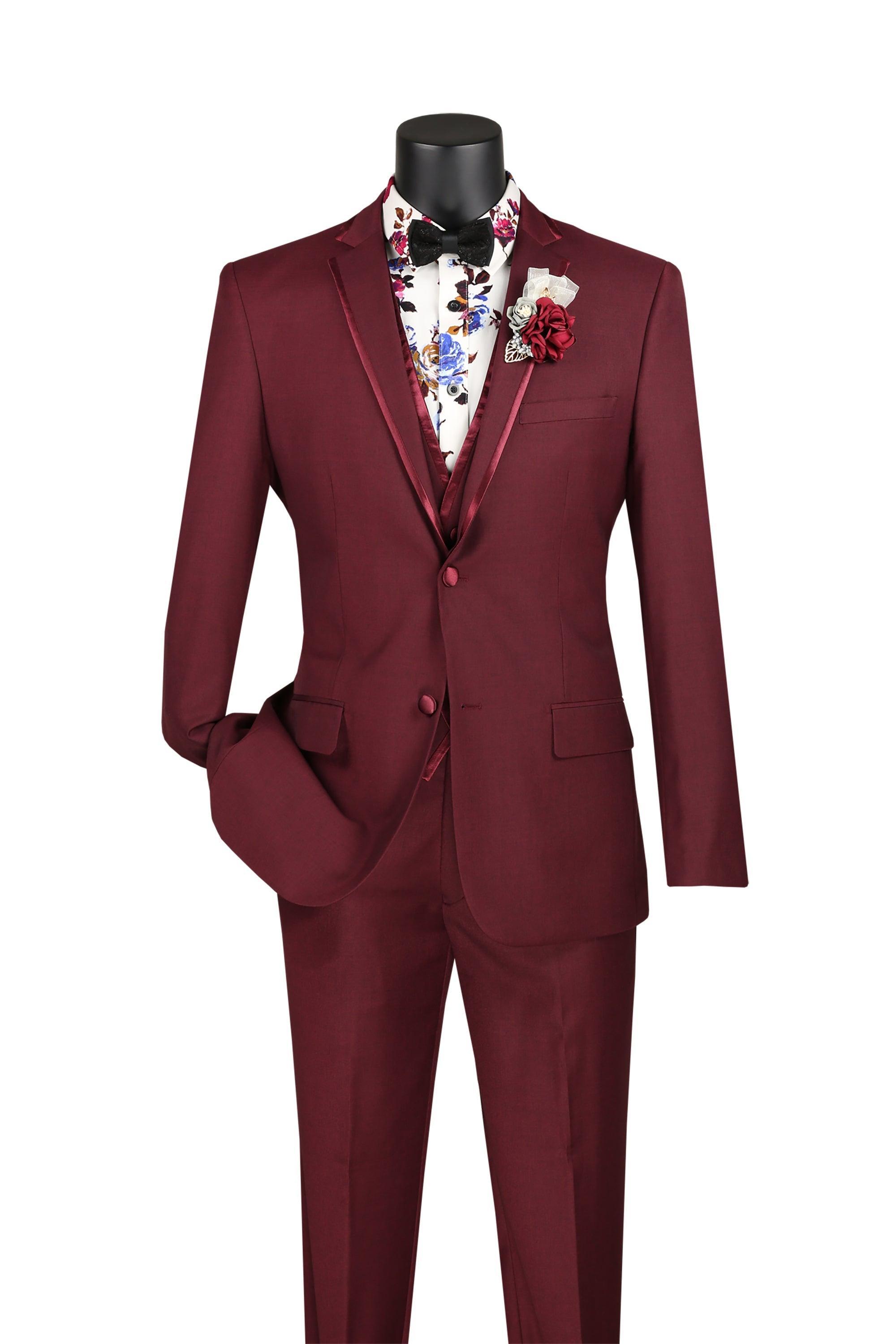 Burgundy Slim Fit 3 Piece Suit with Satin Trim