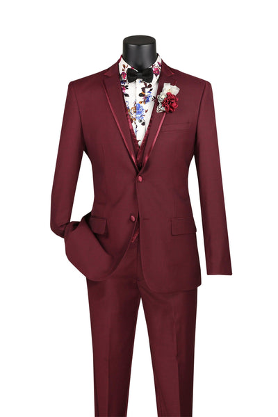 Burgundy Slim Fit 3 Piece Suit with Satin Trim
