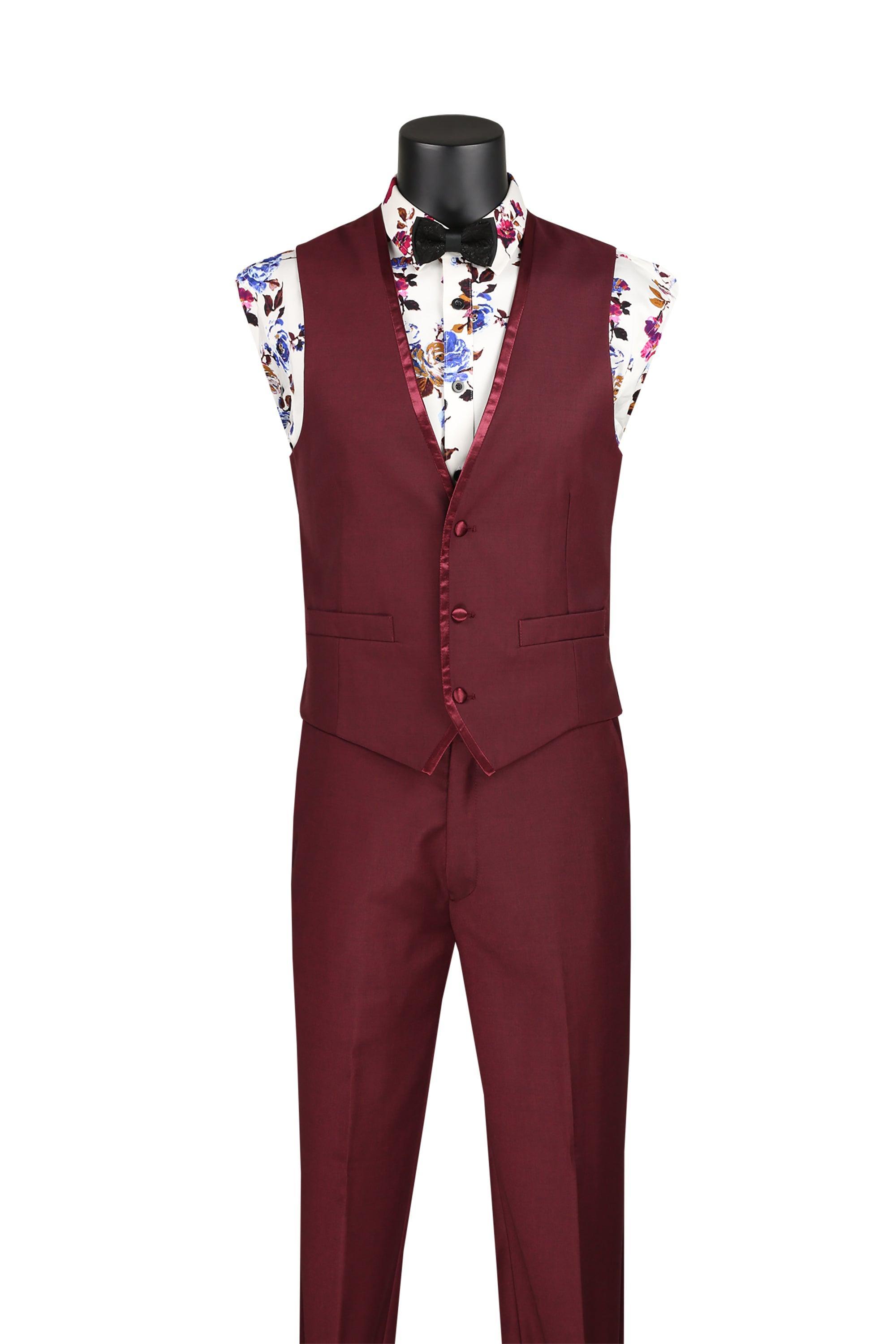 Burgundy Slim Fit 3 Piece Suit with Satin Trim