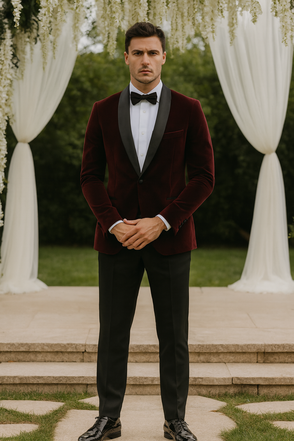 Burgundy Tuxedo Jacket, Black Satin Shawl Lapel β Slim Fit