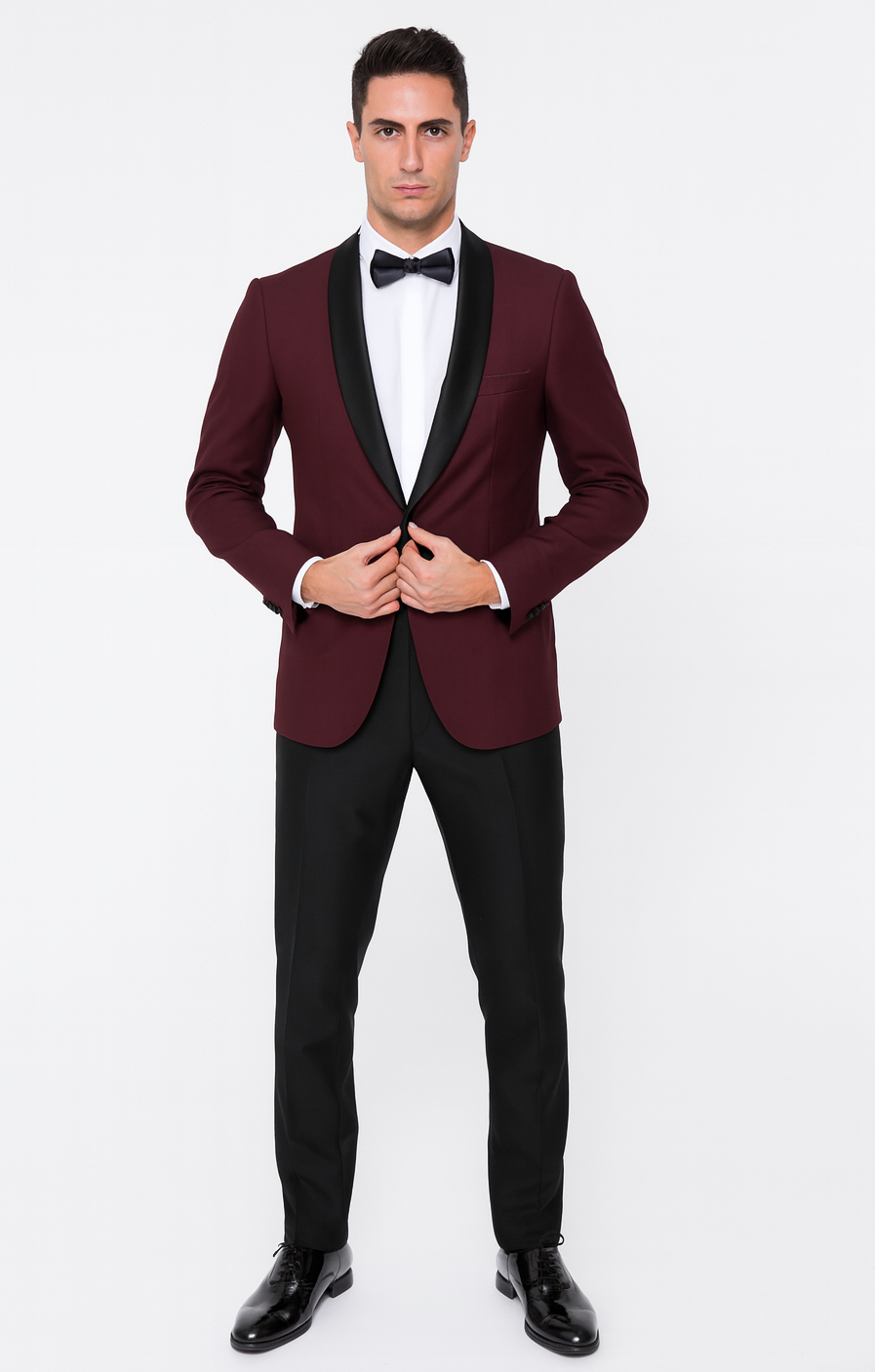 Burgundy Tuxedo Jacket, Black Satin Shawl Lapel – Slim Fit