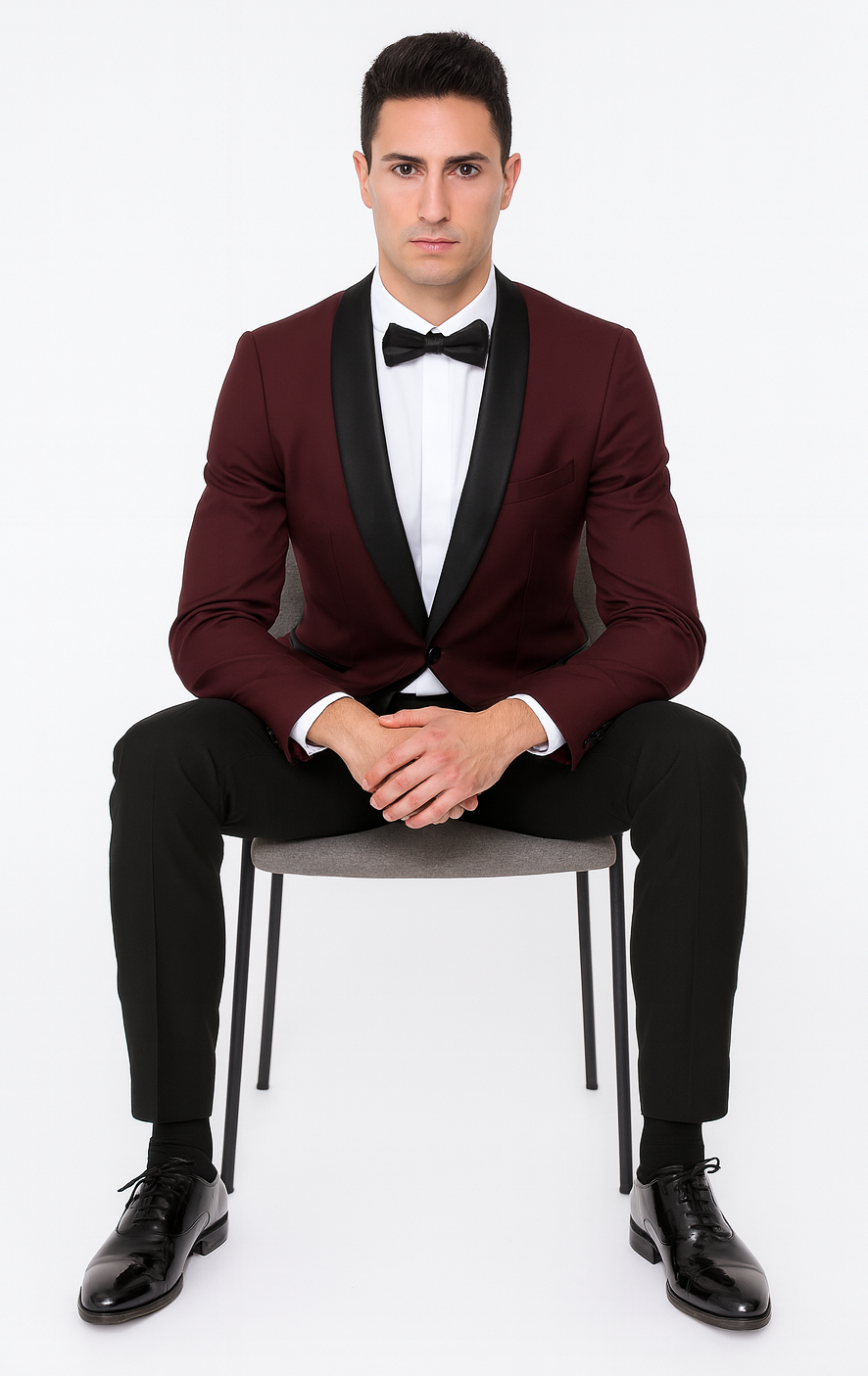 Burgundy Tuxedo Jacket, Black Satin Shawl Lapel β Slim Fit