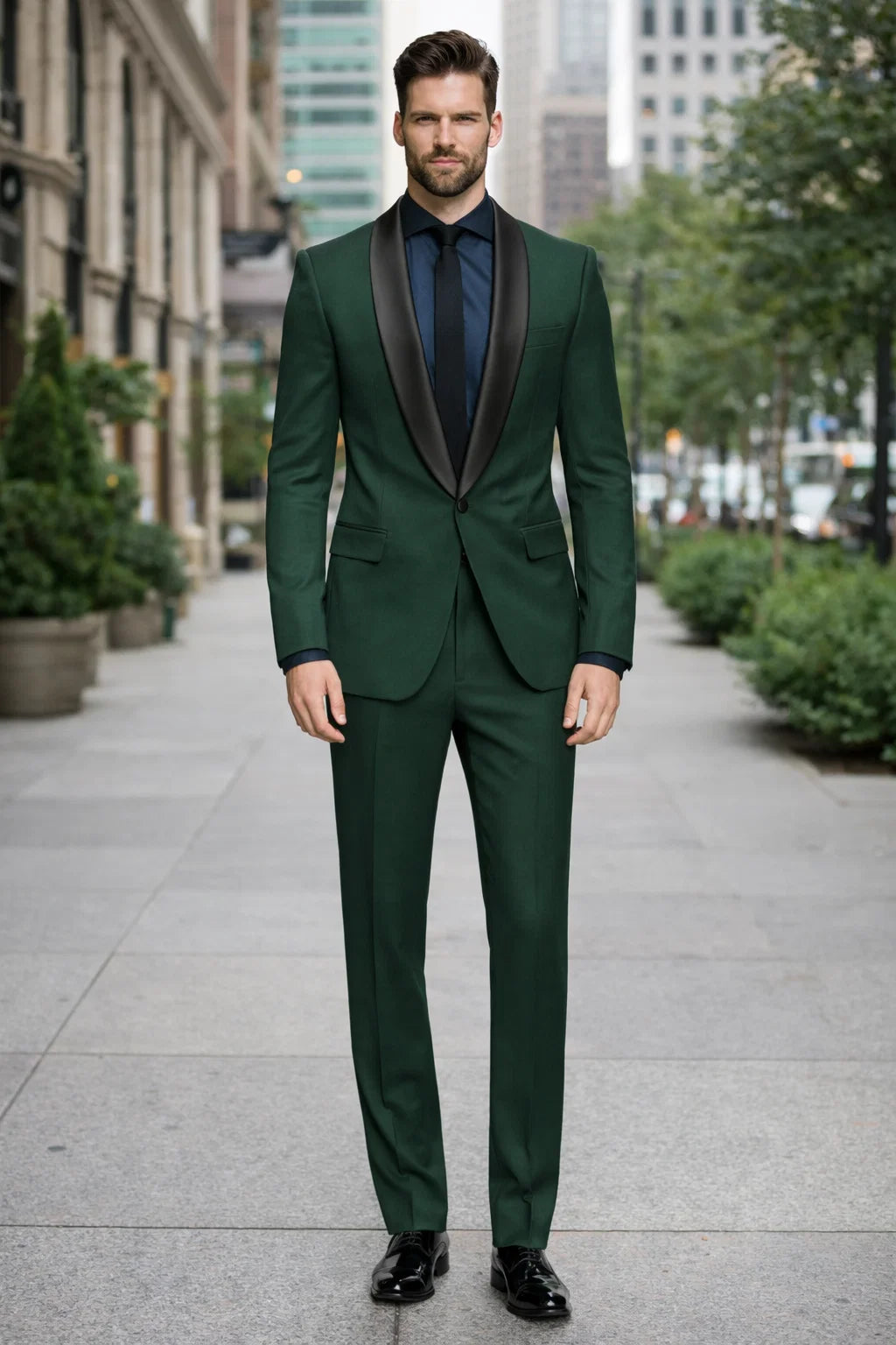 1 Button Dark Green Shawl Black Lapel Blazer Suit Jacket