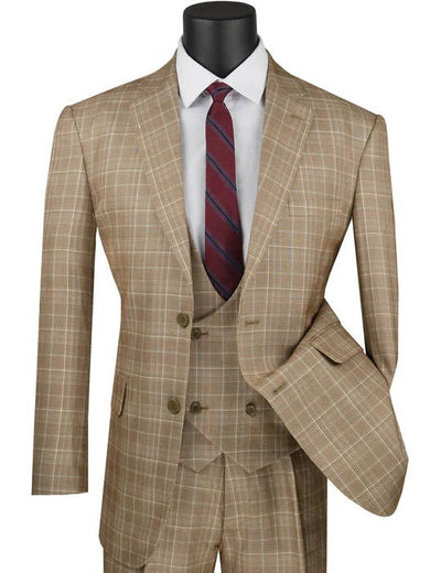 Peak Lapel Plaid Vested Suit - Camel