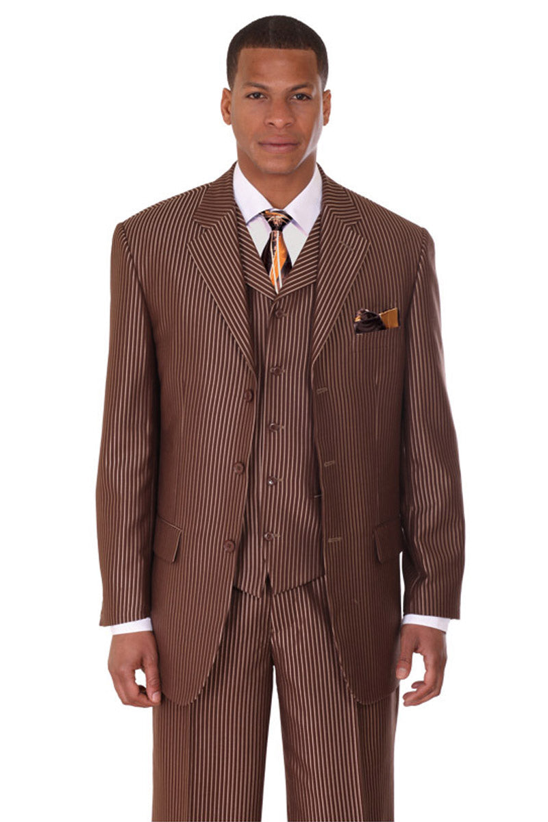 Men's Brown 3 Button Vested Stripe Suit