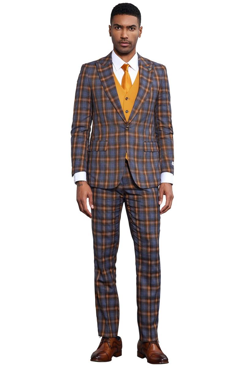 Stacy Adams Plaid Vested Suit in Grey & Gold