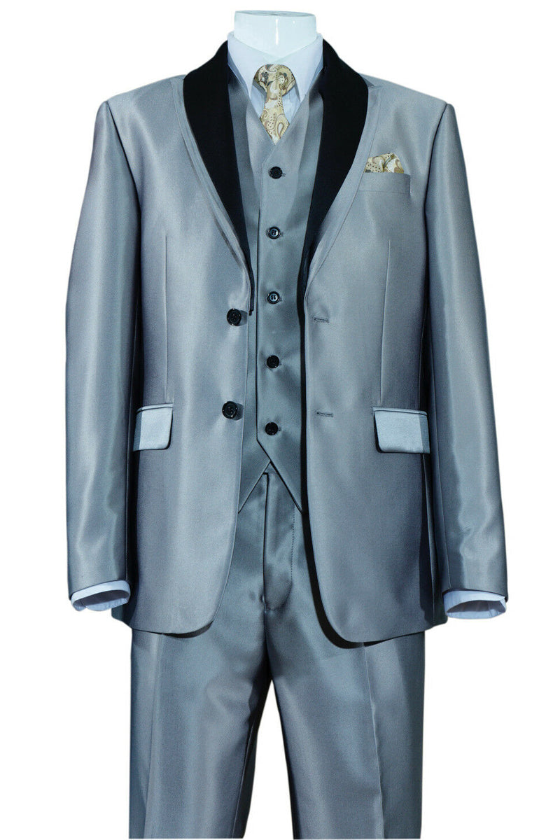 2 Button Vested Contrast Peak Lapel Sharkskin Tuxedo