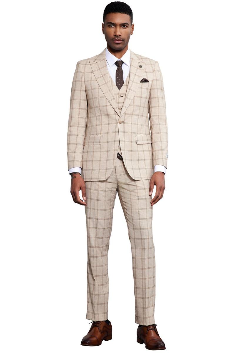 Stacy Adams One Button Windowpane Plaid Suit Tan