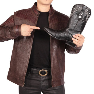 Menβs Brown Cowhide Leather Jacket with Crocodile Accents