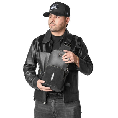 Menβs Black Cowhide Leather Jacket with Natural Hair Finish