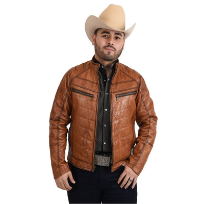 Menβs Honey Fine Leather Cowboy Denim Jacket