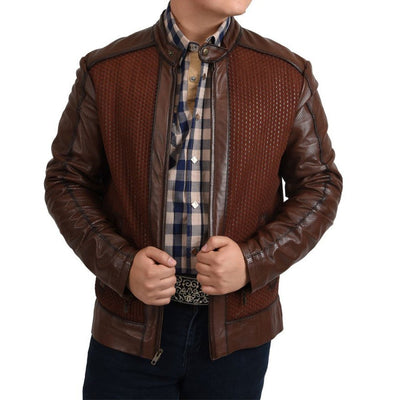 Menβs Brown Woven Cowhide & Sheepskin Leather Denim Jacket