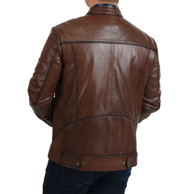 Menβs Brown Woven Cowhide & Sheepskin Leather Denim Jacket