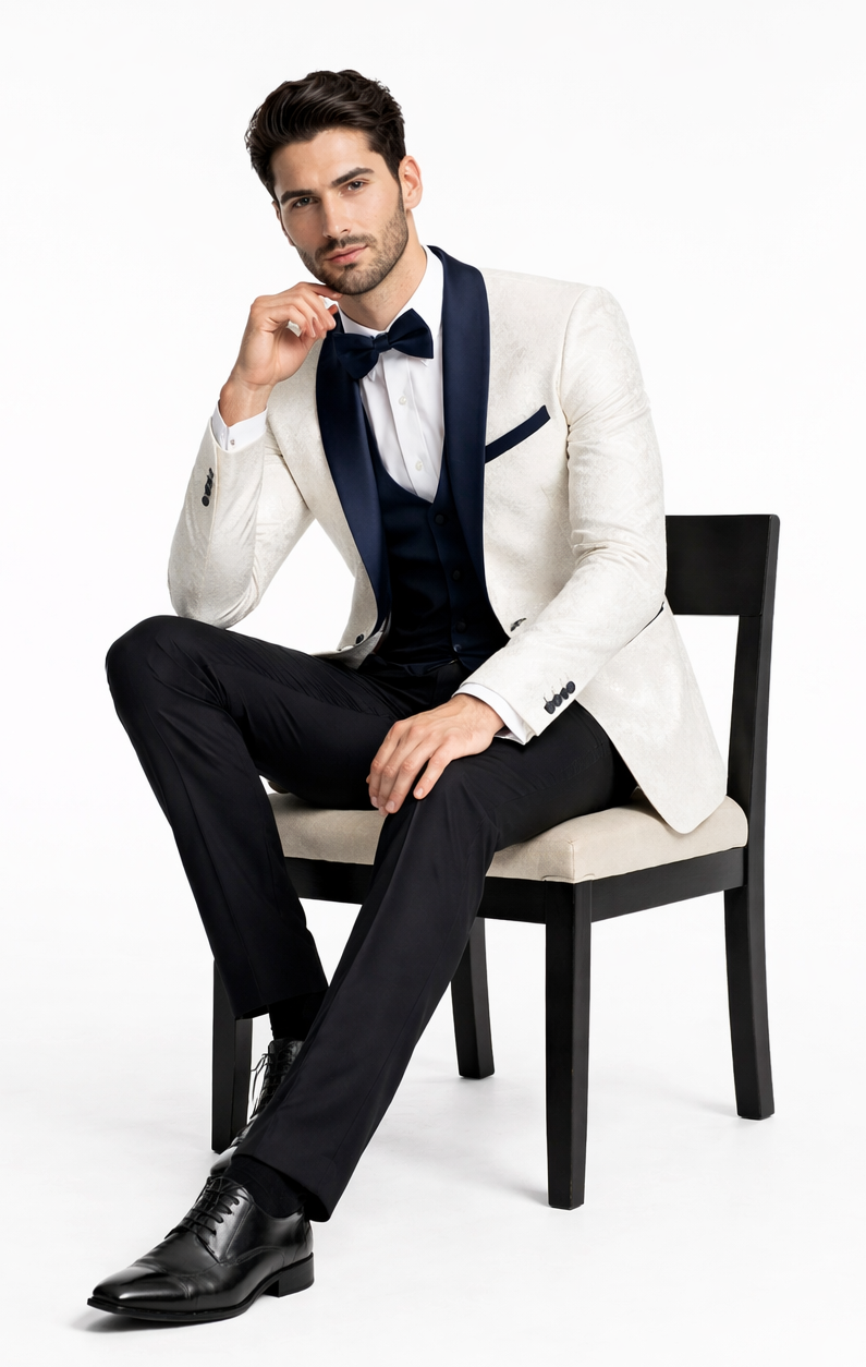 White Metallic Flake & Navy 3-Piece Tuxedo – Men’s Tailored-Fit Formal Suit
