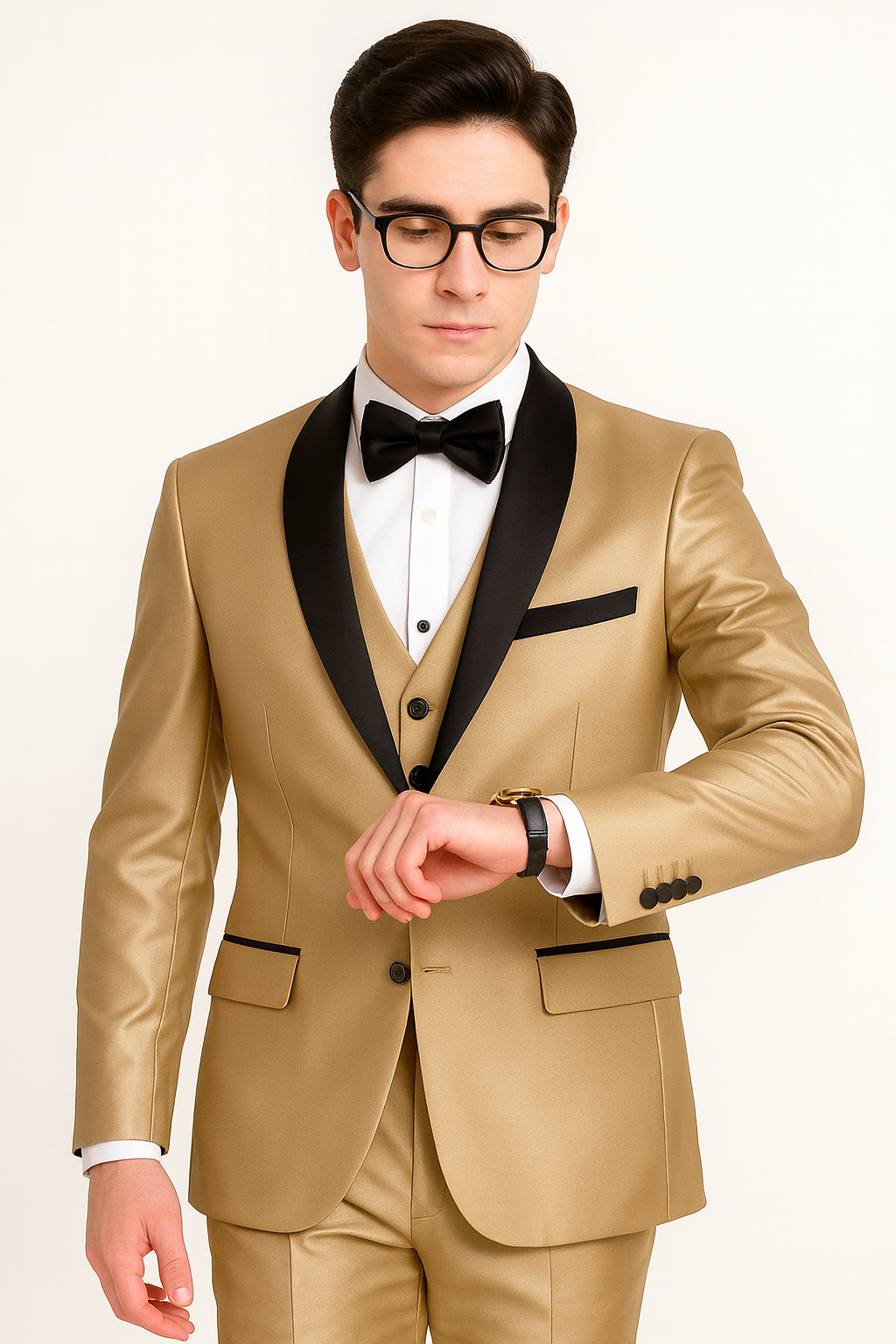 Champagne Shiny Tuxedo Vested Suit - Sateen Sharkskin Fabric Groom Suit