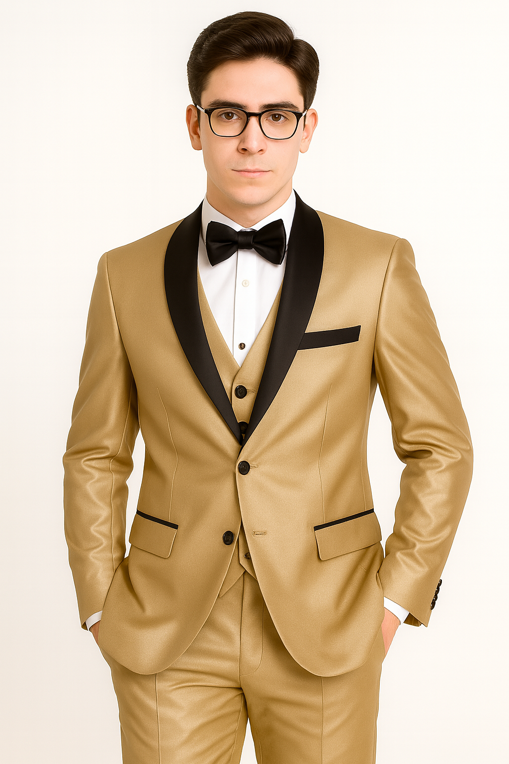 Champagne Shiny Tuxedo Vested Suit - Sateen Sharkskin Fabric Groom Suit