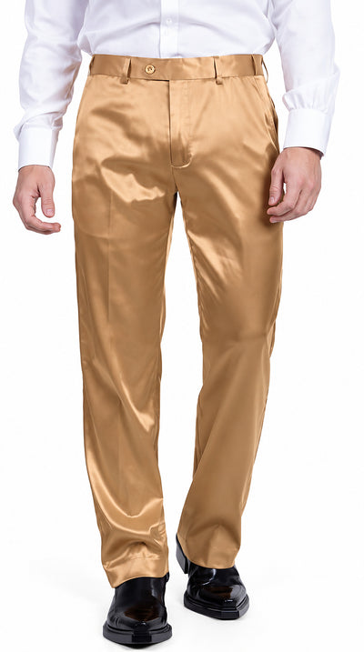 Mens Shiny Stretch Pants Solid Color Slim Fit Sateen Flashy Metallic Slacks in Color "Tan"