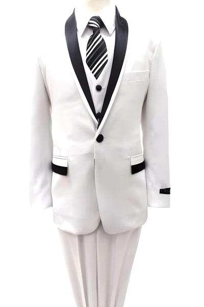 Children Kids Boys Shawl Collar Prom ~ Wedding Groomsmen 3 Piece Two Tone All White with Black Gorgeous Stunning Toddler Suit Perfect For Wedding Attire Outfits