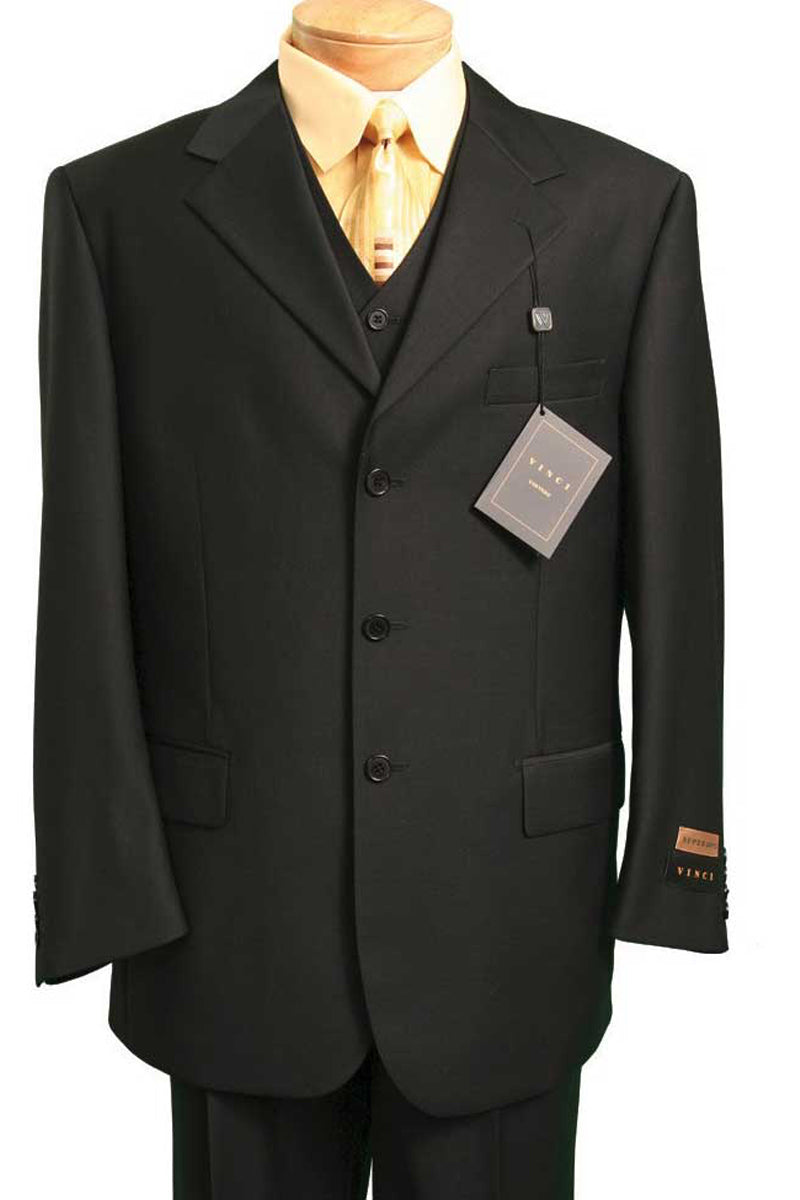 3 Button Black Wool Feel Vested Suit