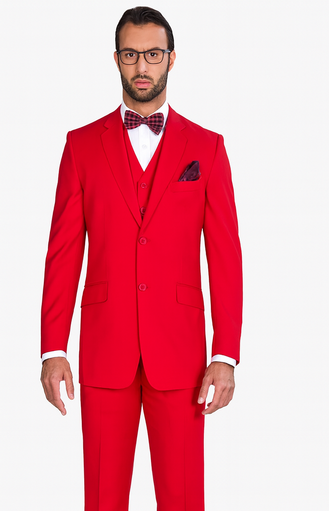 Classic 3 Piece 2 Button Solid Red Men's Suit Extra Fine Italian Red