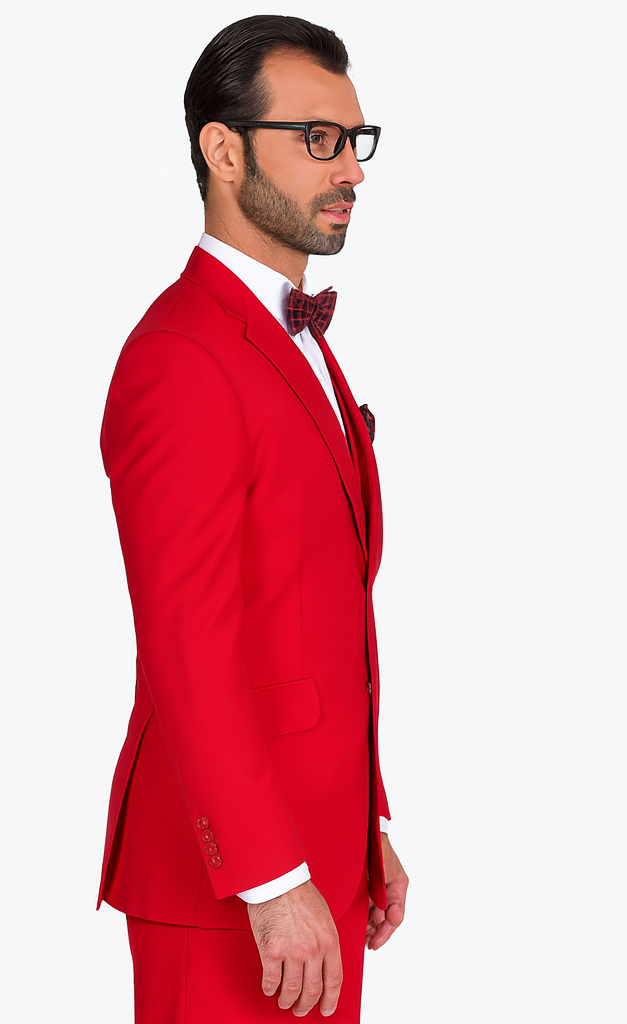 Classic 3 Piece 2 Button Solid Red Men's Suit Extra Fine Italian Red