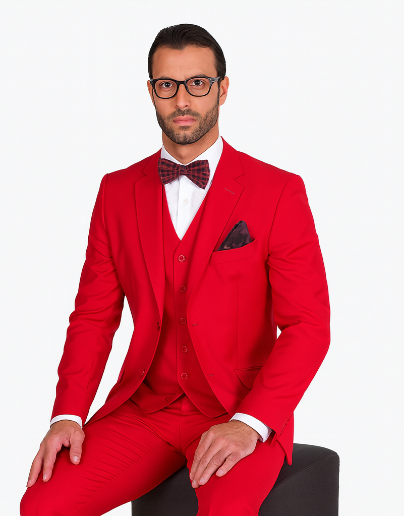 Classic 3 Piece 2 Button Solid Red Men's Suit Extra Fine Italian Red