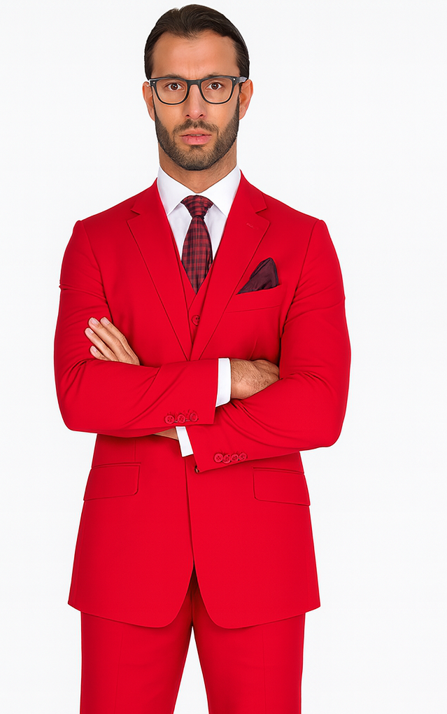 Classic 3 Piece 2 Button Solid Red Men's Suit Extra Fine Italian Red