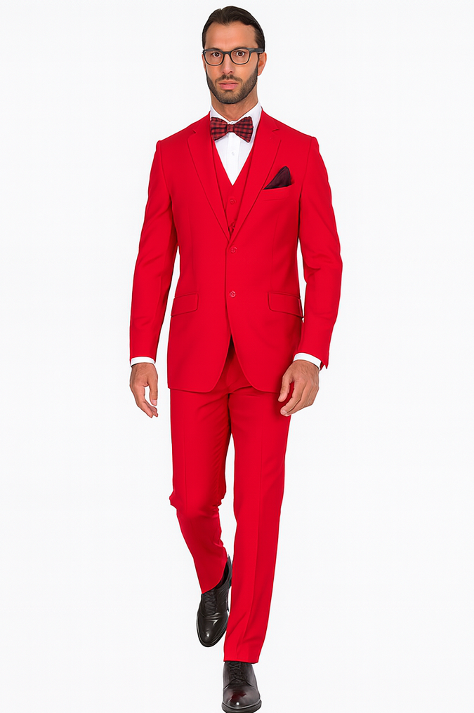 Classic 3 Piece 2 Button Solid Red Men's Suit Extra Fine Italian Red