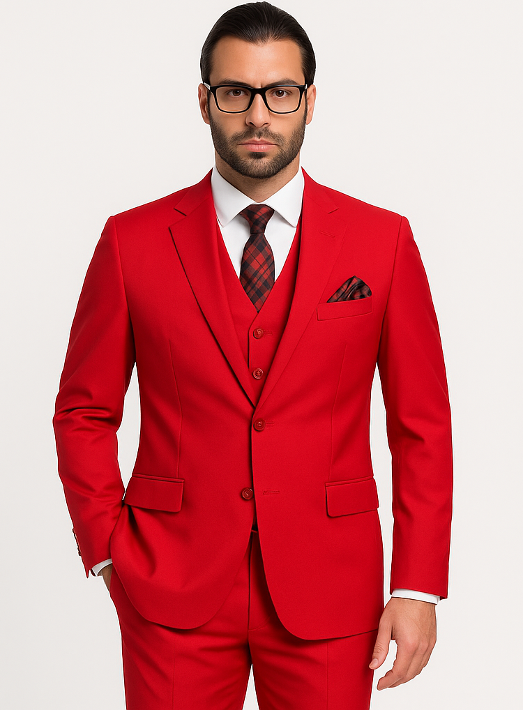 Classic 3 Piece 2 Button Solid Red Men's Suit Extra Fine Italian Red