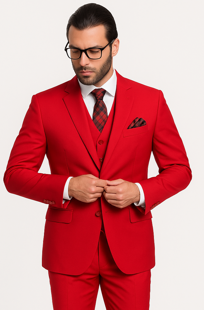 Classic 3 Piece 2 Button Solid Red Men's Suit Extra Fine Italian Red